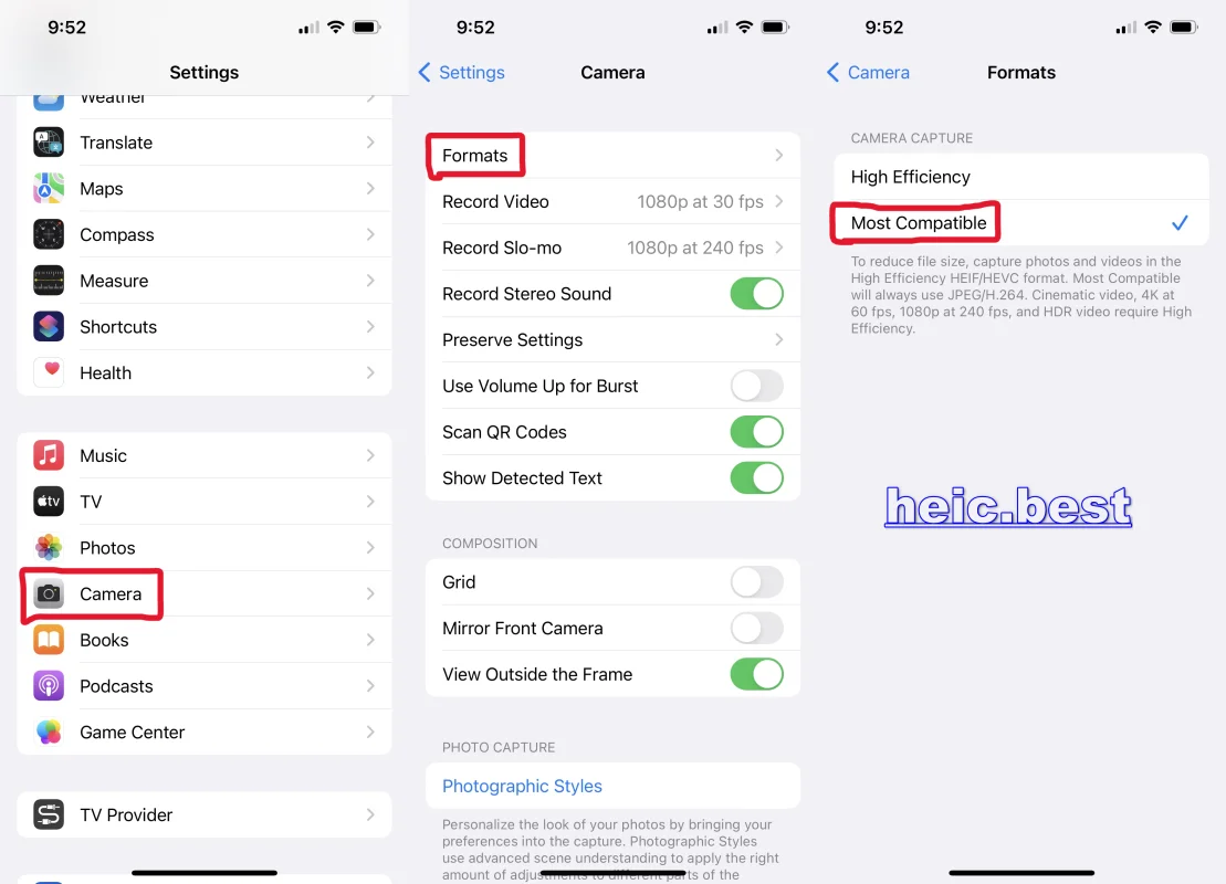 iPhone Settings Camera Formats screen with Most Compatible selected so new photos save as JPG